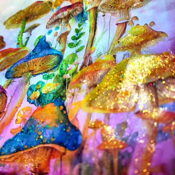Rainbow Mushrooms and Blooms Mixed Media Original Art Collage Whimsical Art - Picture 3 of 6
